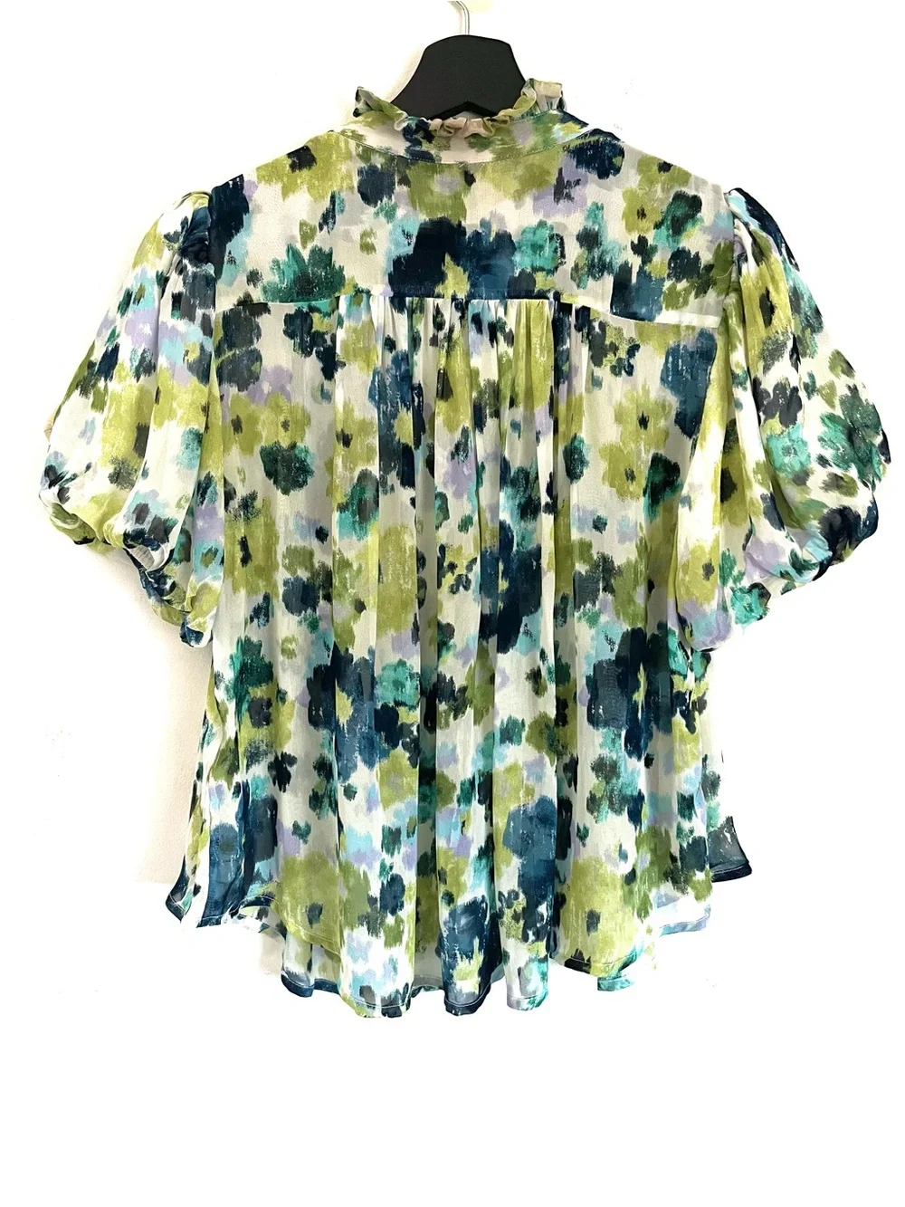 NWT The Estela Sheer Printed Blouse: Short Sleeve Edition Blue Floral SP Boho
